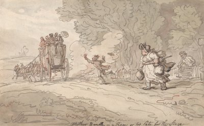 Madre Bundle enojada o demasiado tarde para el escenario de Thomas Rowlandson